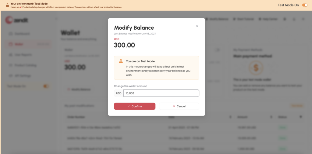 Modifying Balance of Test Mode Wallet